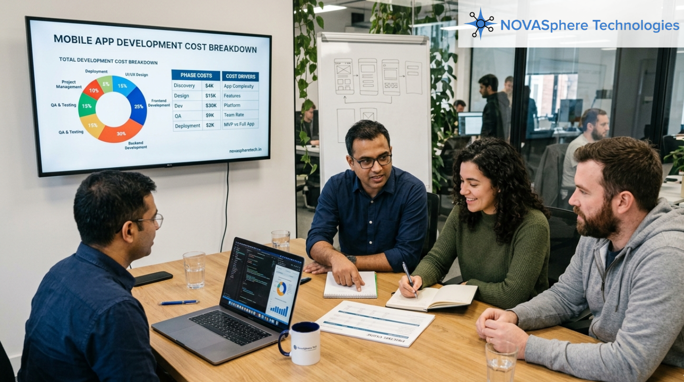 Mobile app development team discussing custom Android and iOS app development project planning.